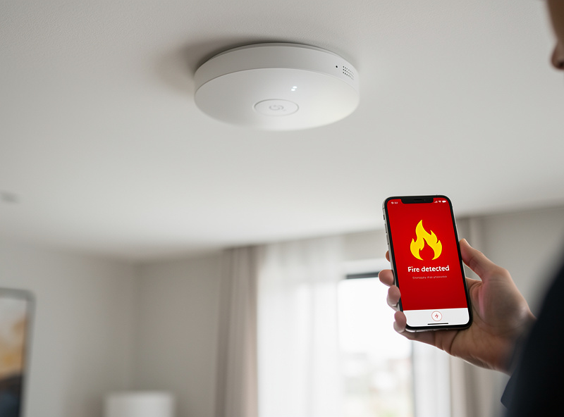 Smart smoke detector mounted on ceiling with smartphone notification showing fire alert