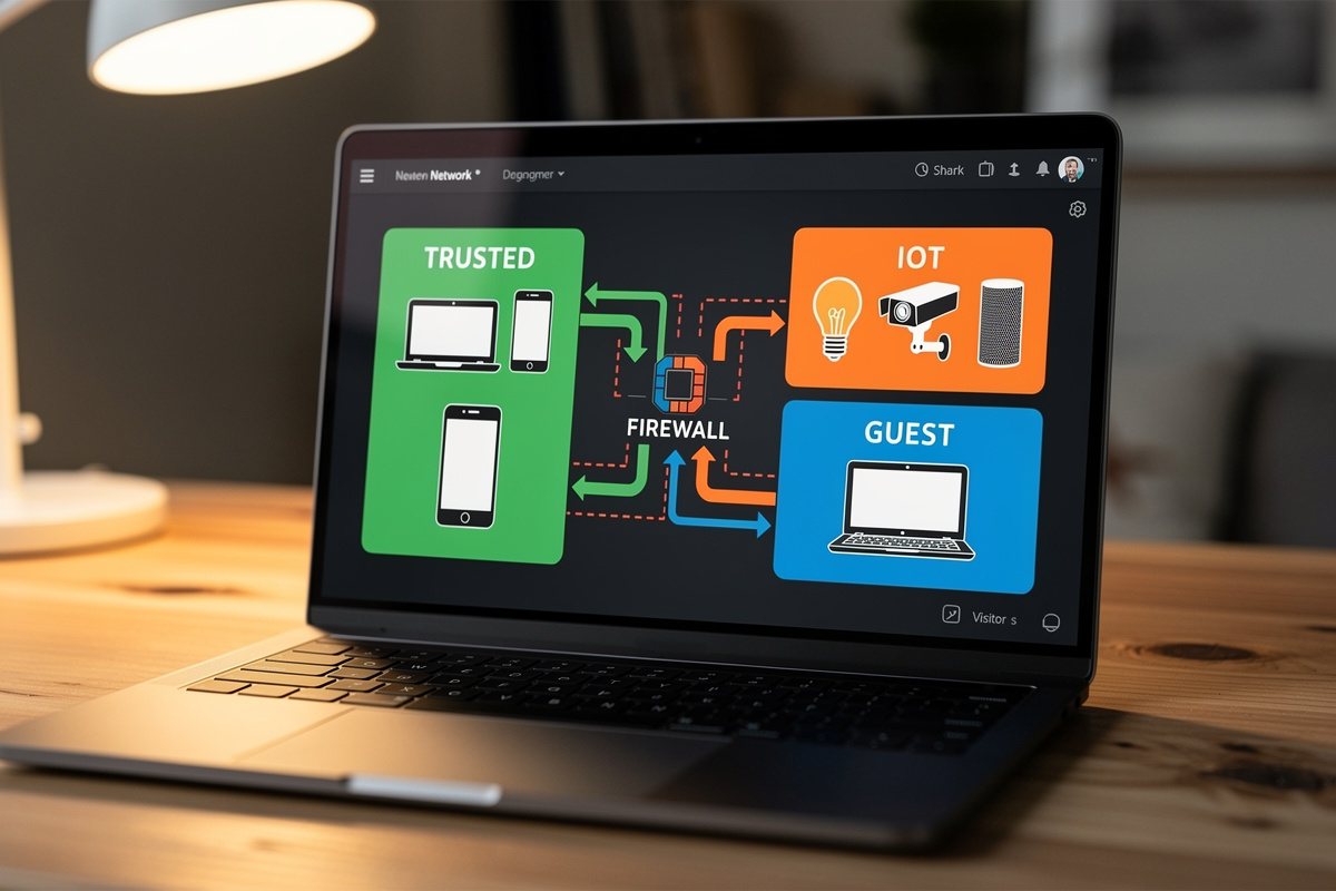 Network diagram showing TRUSTED, IOT, and GUEST VLANs separated by a firewall