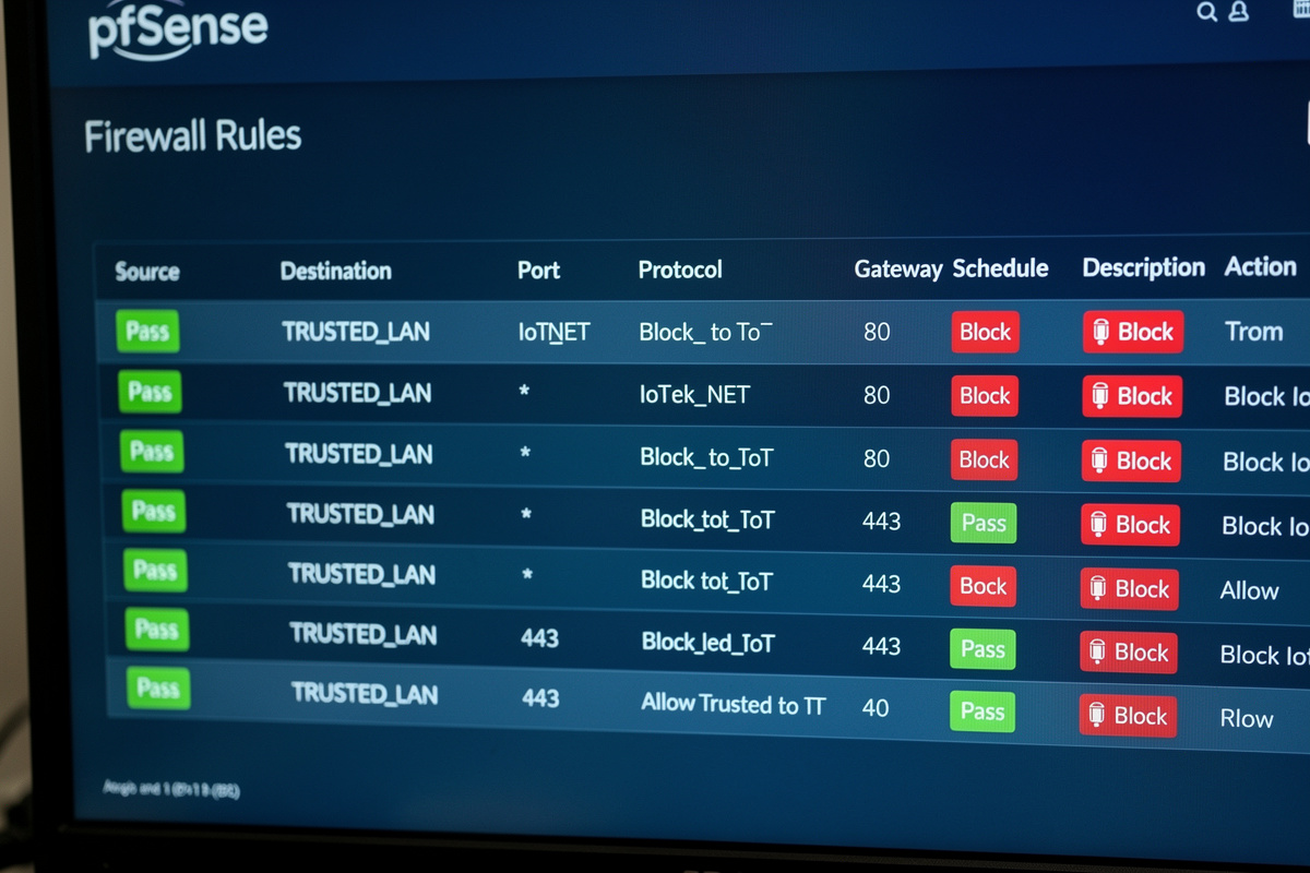 pfSense firewall rules table showing IoT to Trusted blocked and Trusted to IoT allowed