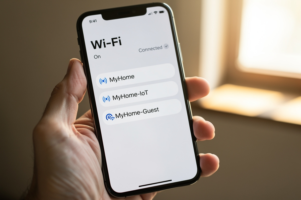 Phone Wi-Fi settings showing three SSIDs: MyHome, MyHome-IoT, and MyHome-Guest