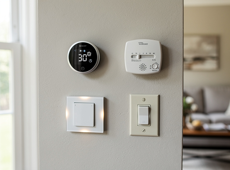 Smart thermostat and traditional light switch comparison on modern home wall