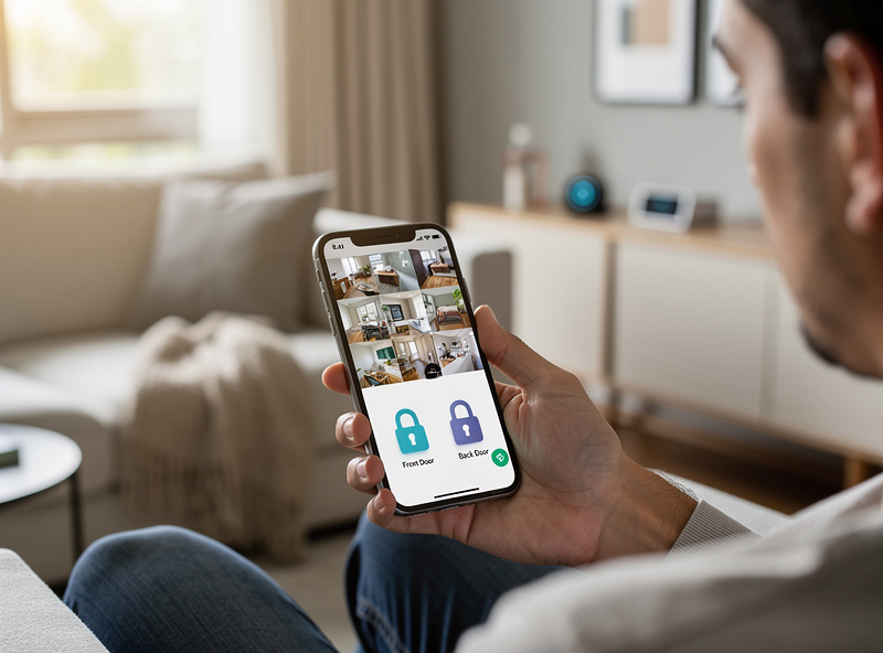 Person monitoring smart home security cameras and locks remotely on smartphone