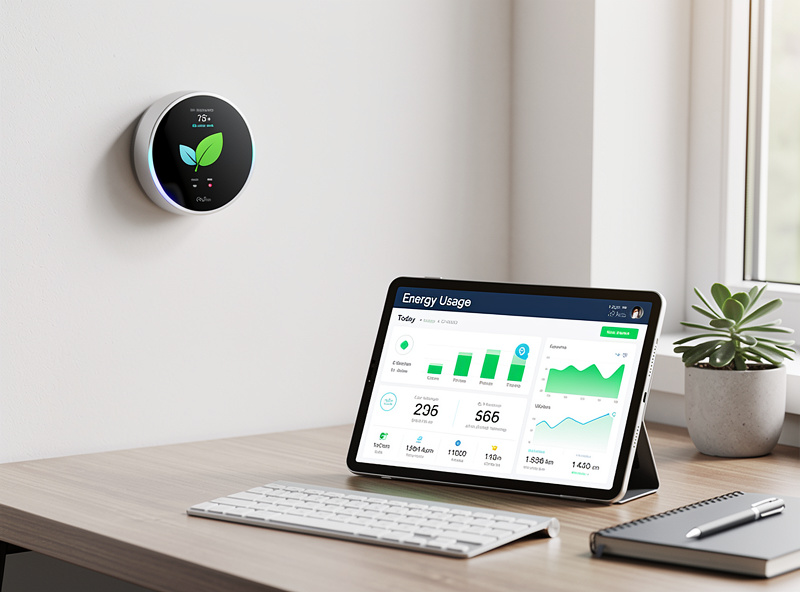 Smart thermostat energy savings dashboard displayed on tablet in modern home
