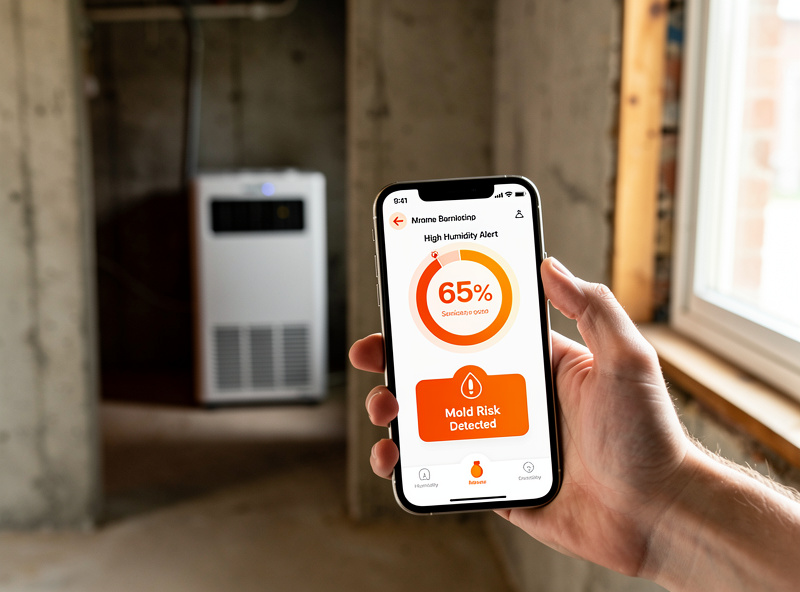 Smartphone showing a high basement humidity alert from a smart sensor