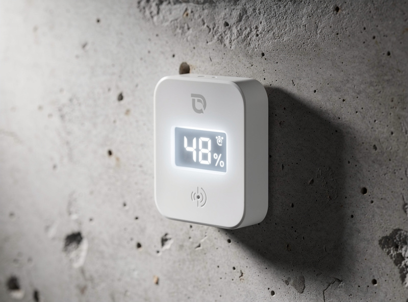 Smart humidity sensor with digital display mounted on a concrete basement wall