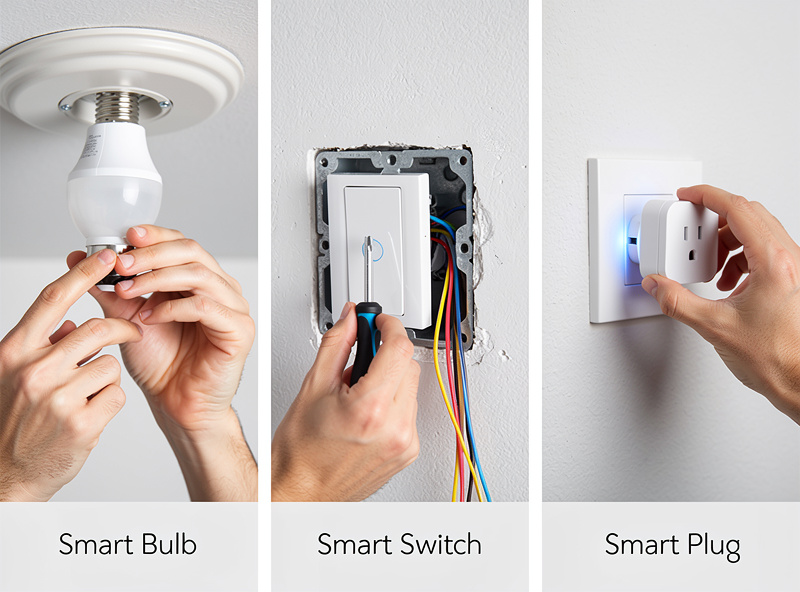 Three panel comparison showing smart bulb screwing into fixture smart switch replacing wall control and smart plug into outlet