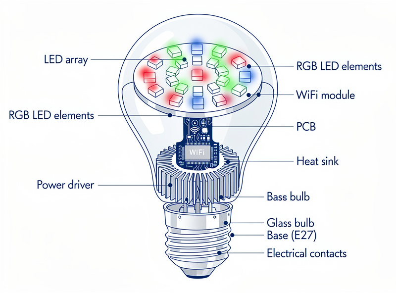 Technical diagram showing LED array wireless chip and microcontroller inside smart bulb with arrows showing connectivity flow