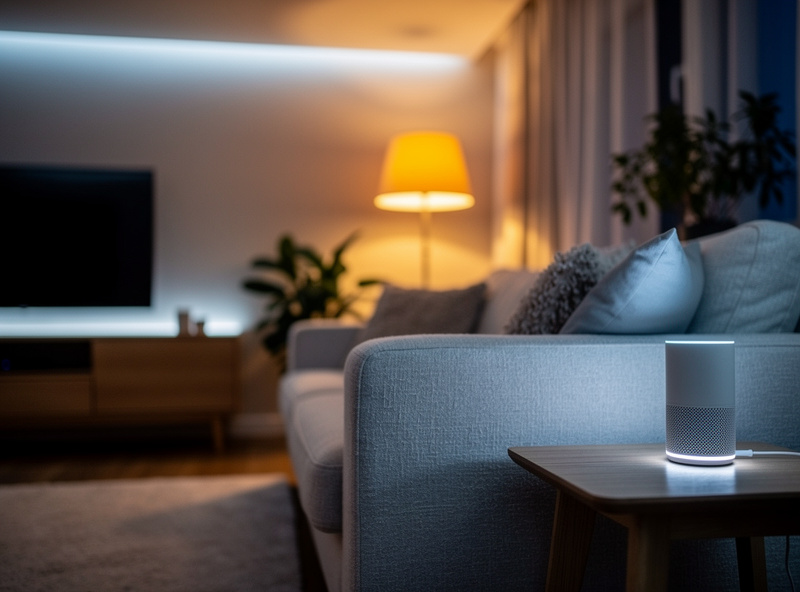 Living room with hub-free smart lights and voice assistant