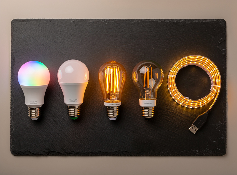 Six different smart bulbs arranged on dark surface showing various shapes sizes and designs including color and white bulbs