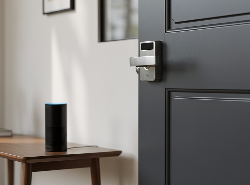 Amazon Echo device next to smart lock showing Alexa voice control setup