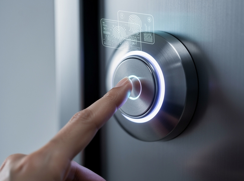 Close-up of fingerprint scanner on smart lock showing biometric authentication