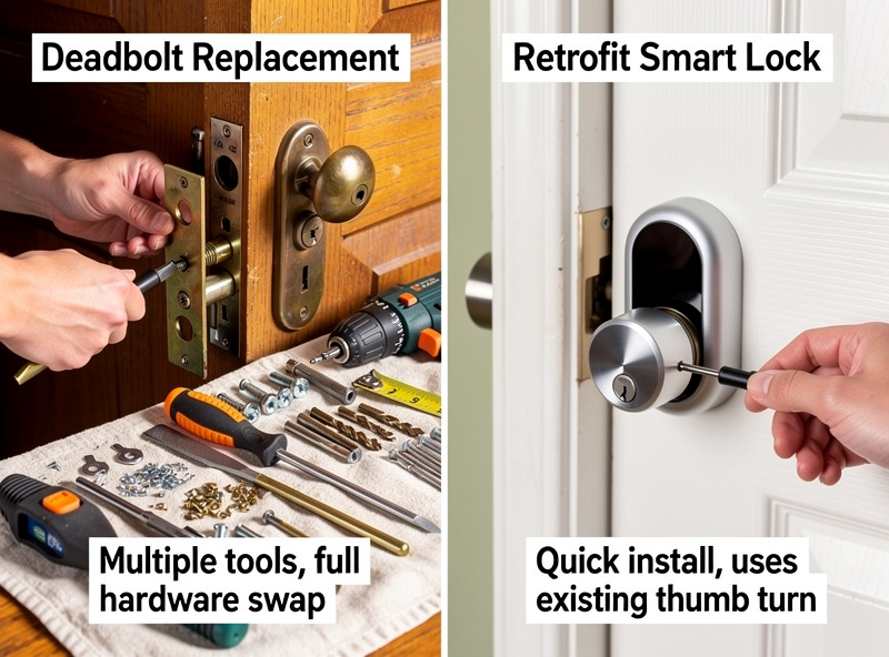 Side by side comparison showing complete deadbolt replacement versus retrofit smart lock attaching to existing hardware