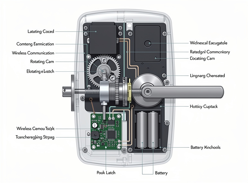 Technical cutaway diagram showing smart lock internal components including motor cam wireless module and battery compartment