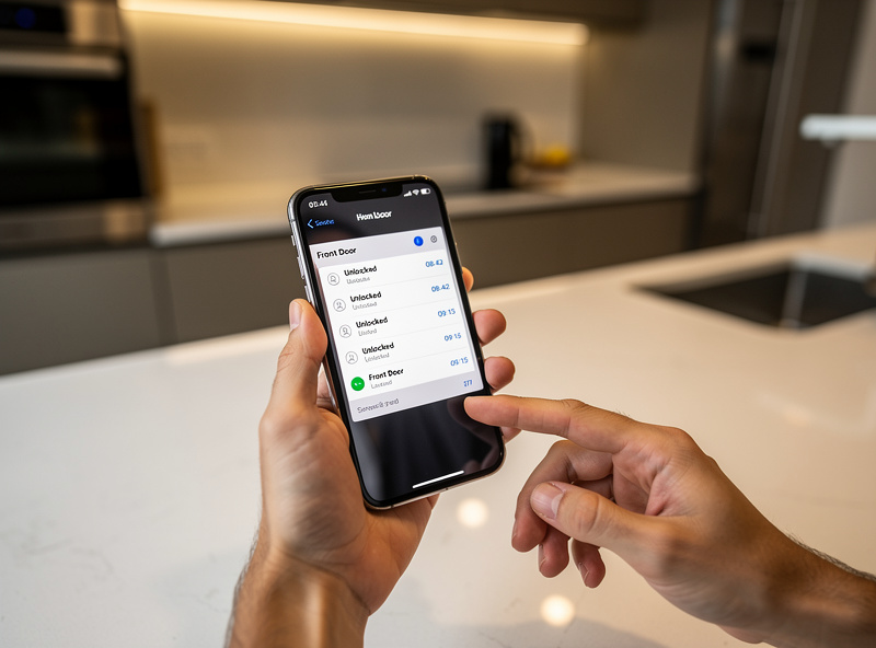 Checking smart lock activity log on smartphone showing entry history