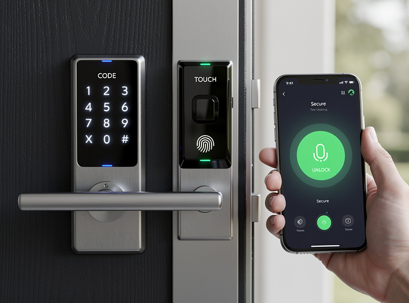 Smart lock comparison showing keypad fingerprint and app entry methods on modern front door