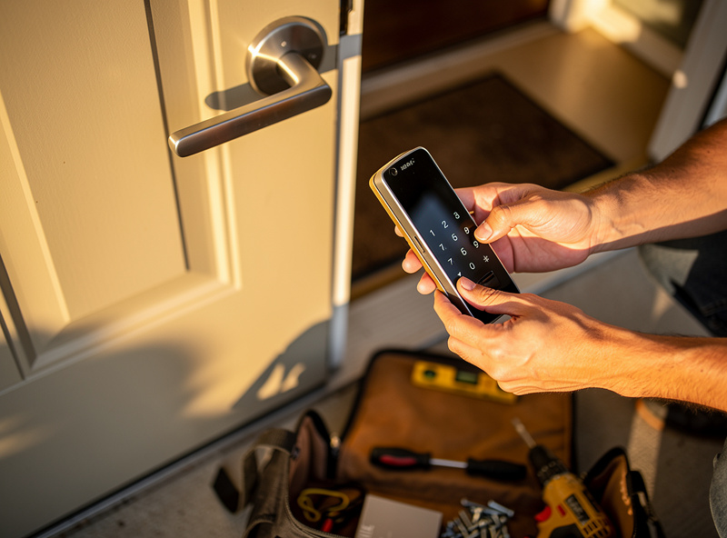 Installing a smart lock on a front door, hands holding electronic deadbolt
