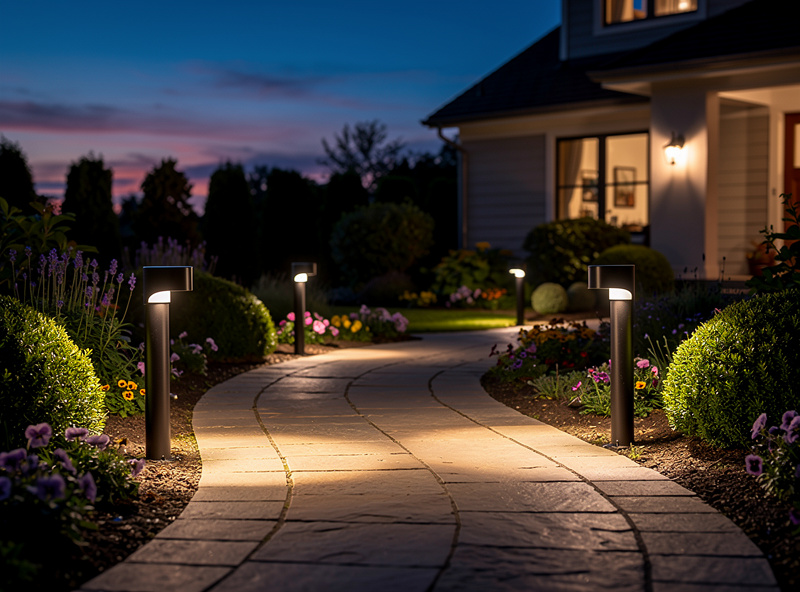 Smart motion sensor path lights illuminating garden walkway at dusk