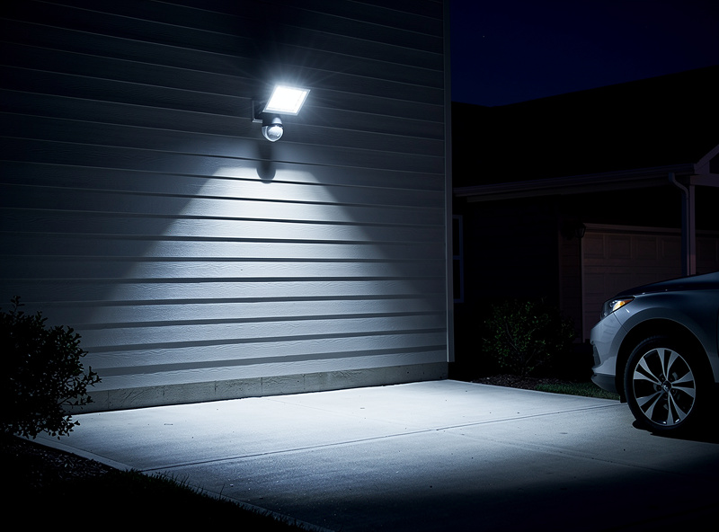 Smart motion sensor floodlight mounted on house exterior illuminating driveway at night