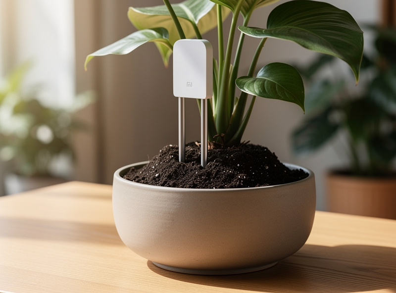 Smart plant sensor inserted in houseplant soil