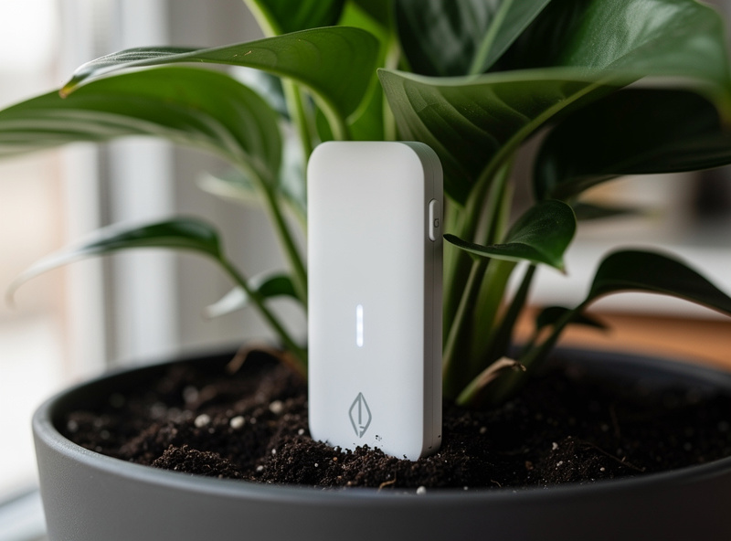 Smart plant soil moisture sensor inserted in potted houseplant soil with green leaves