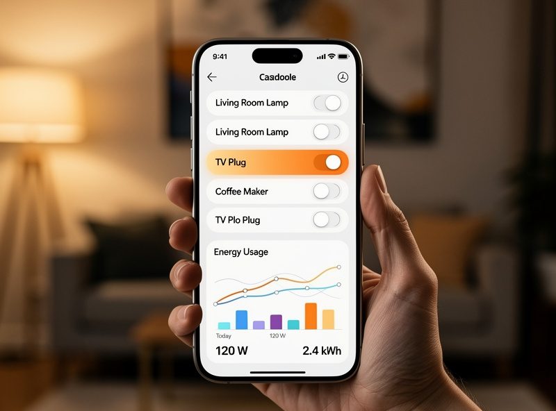 Smartphone displaying smart plug control app with energy monitoring graphs