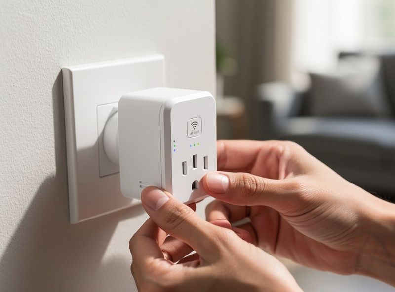 Close-up of smart plug installation showing WiFi setup button and LED indicators