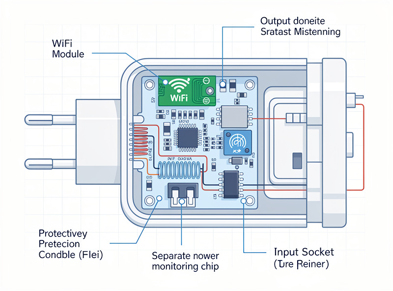 Diagram showing smart plug internal components including WiFi module relay switch and power monitoring circuitry