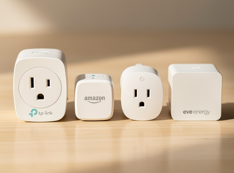 Four different smart plug models arranged side by side showing size comparison and design differences