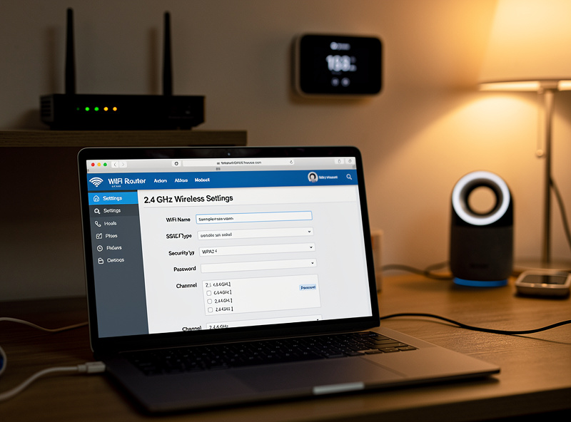 Router settings page showing 2.4GHz network configuration for smart plug setup