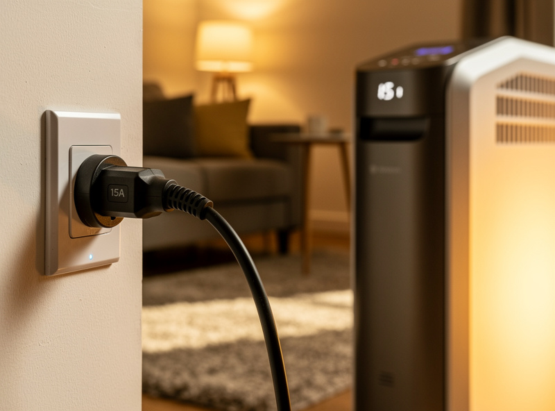 Smart plug connected to a space heater showing proper amp rating label