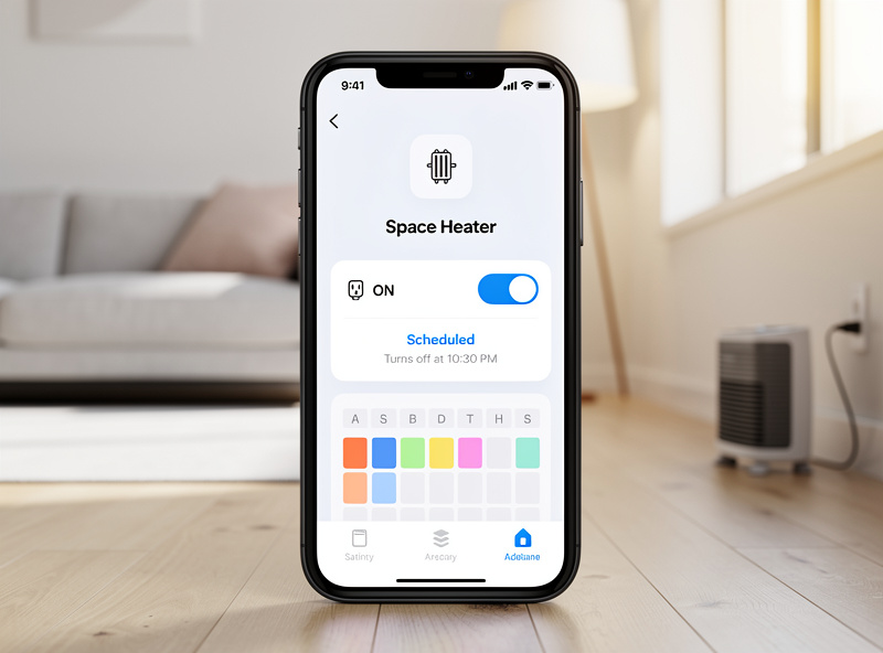 Smartphone app showing scheduled smart plug controlling space heater in living room