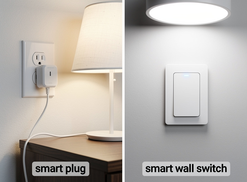 Side by side comparison showing smart plug inserted into outlet versus smart wall switch replacement