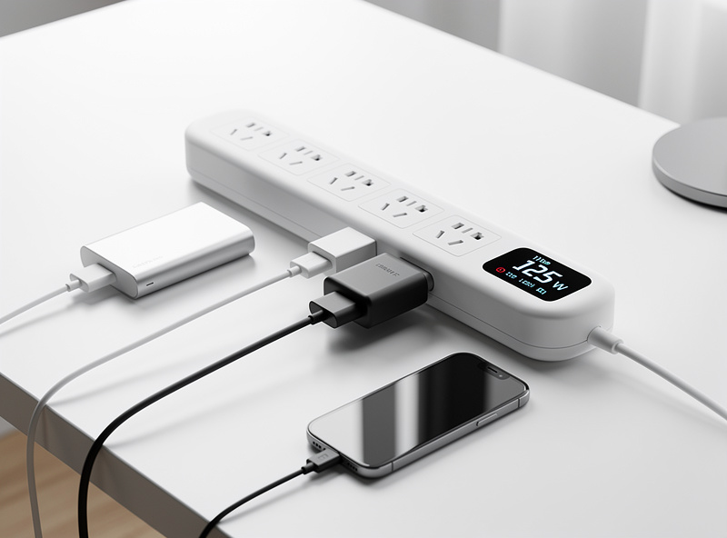 Smart power strip with energy monitoring display showing real-time wattage readings for connected devices
