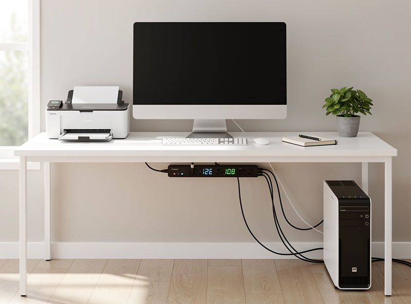 Home office desk with smart power strip monitoring computer, monitor, and printer energy usage