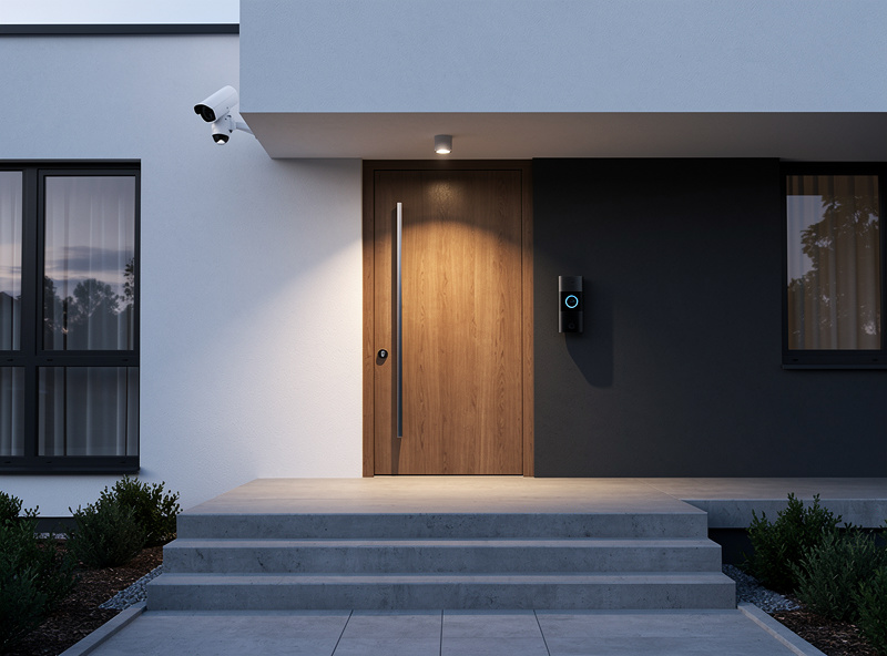 Smart security camera installation showing outdoor, indoor, and doorbell camera placement on home exterior