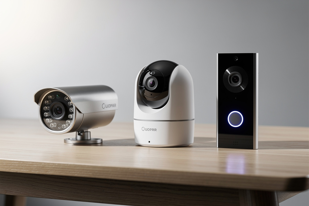 Smart security camera lineup 2026 showing outdoor, indoor, and doorbell camera models on display table