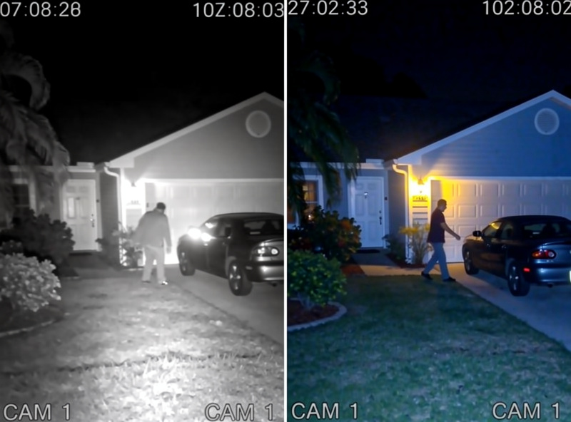 Night vision comparison between infrared and color night vision modes on smart security cameras