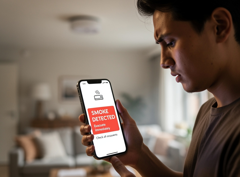 Smartphone showing smoke detector emergency alert notification