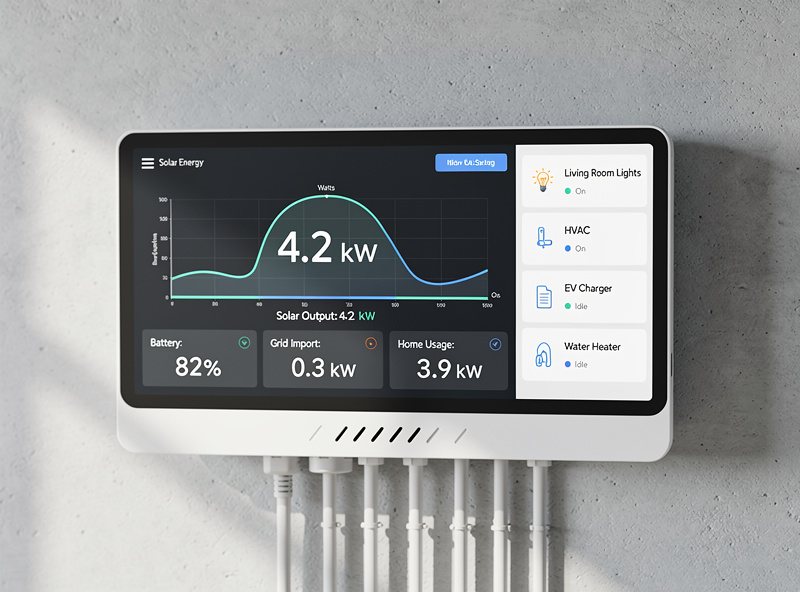 Solar inverter display showing real-time energy production data and home automation integration