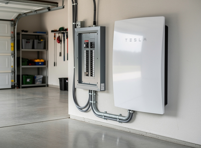 Tesla Powerwall battery storage unit installed in garage with electrical panel