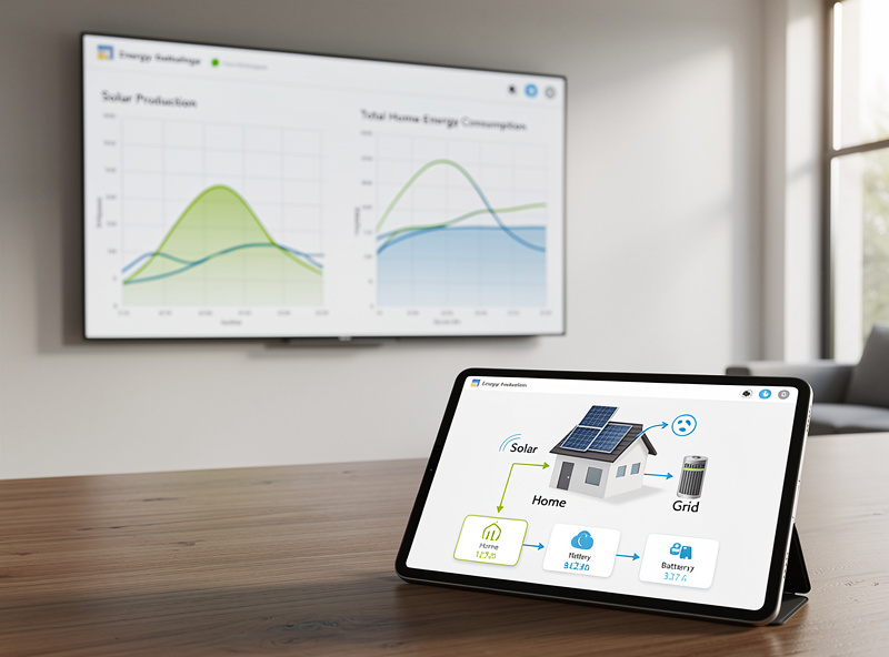Smart home energy dashboard showing solar production and home consumption graphs