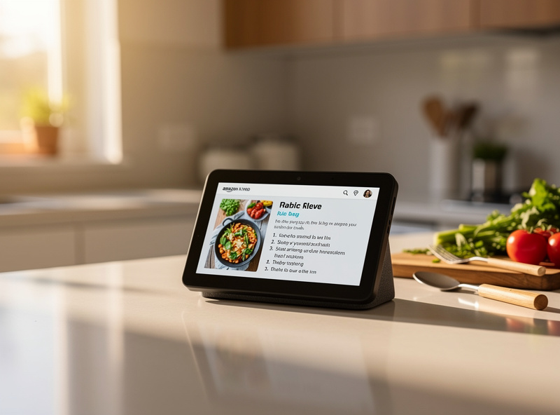 Amazon Echo Show 8 on kitchen counter displaying recipe while cooking