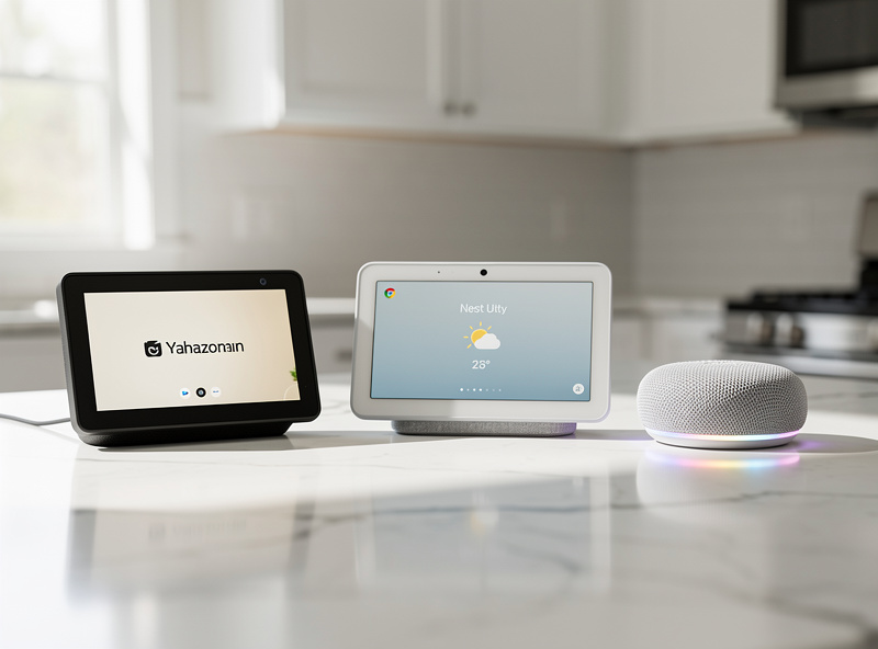 Kitchen smart speaker comparison showing Echo Show Nest Hub and Echo Dot on counter