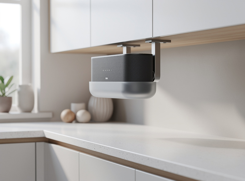 Smart speaker mounted under kitchen cabinet with silicone drip tray protection