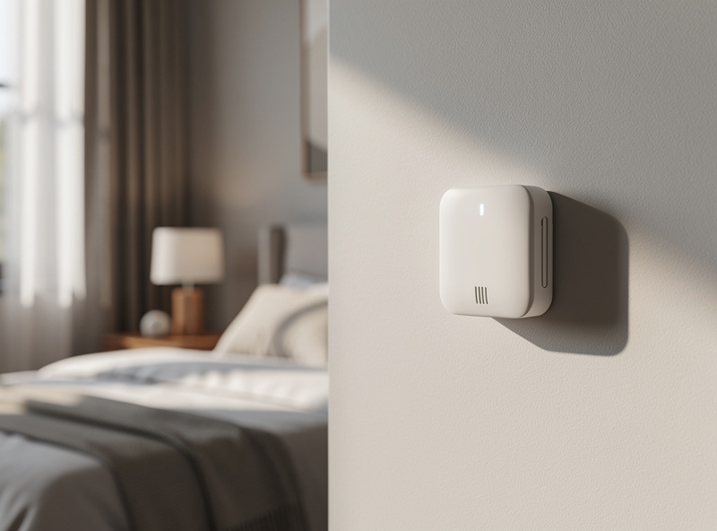 Smart temperature sensor mounted on bedroom wall