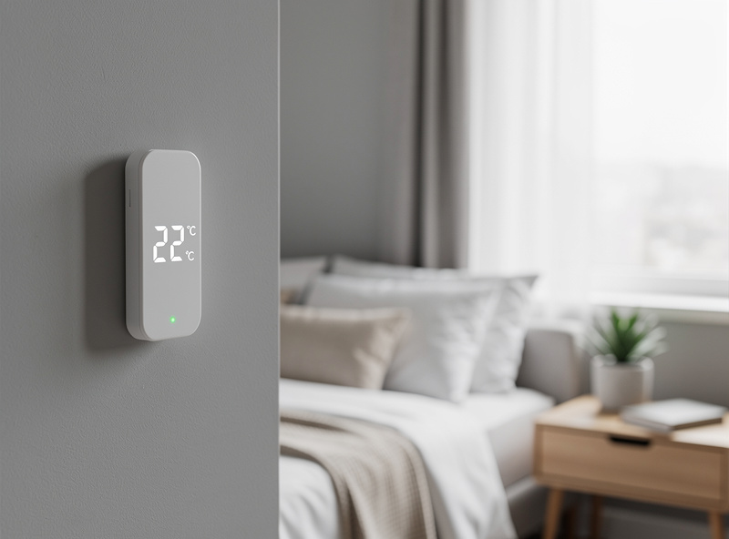 Smart temperature sensor mounted on bedroom wall showing digital display