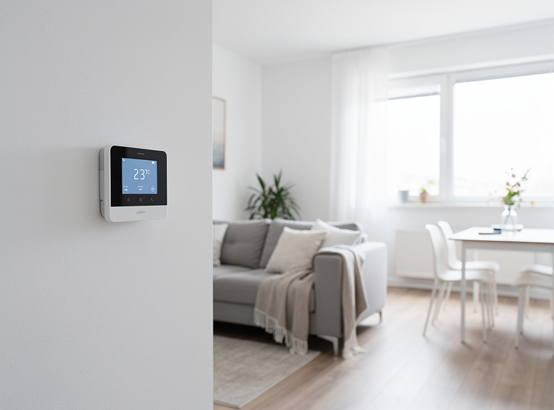 Smart thermostat installed in modern apartment rental