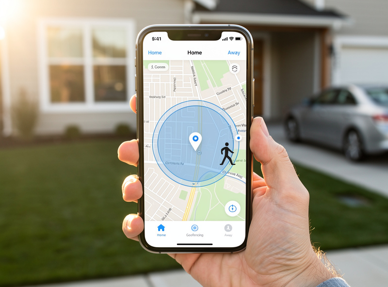 Smart thermostat geofencing radius map on smartphone showing home location circle