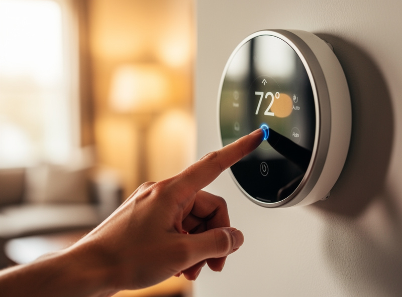 Hand adjusting smart thermostat touchscreen temperature settings