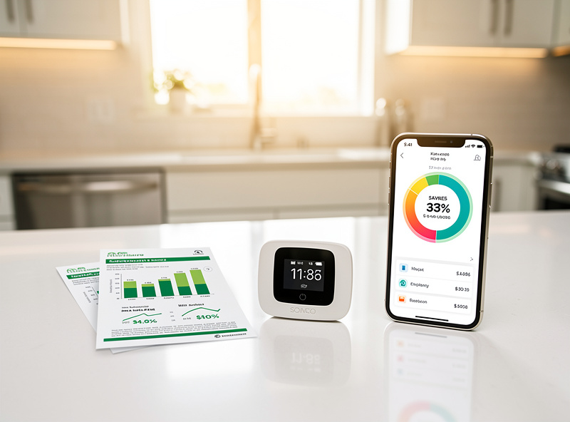Smart thermostat energy bill savings comparison with smartphone energy dashboard